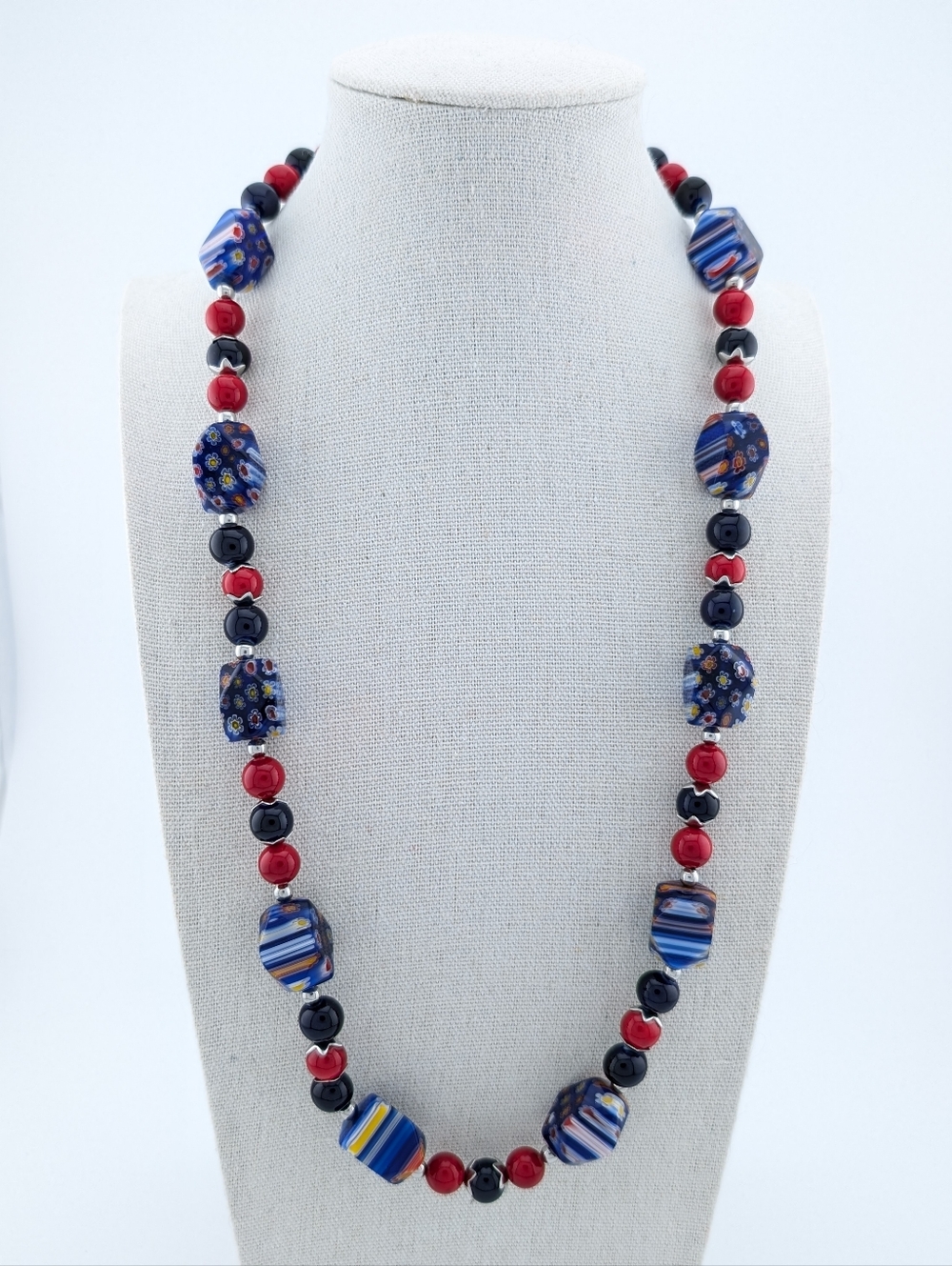Millefiori Blue & Red Beaded Glass Necklace With Silver Accents
